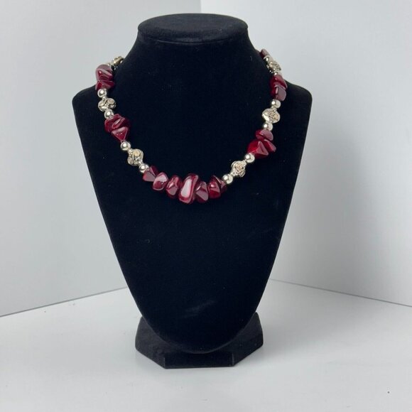 I Silver Red Garnet Beaded Necklace 7.5" Toggle Clasp Fashion Jewelry - Picture 5 of 16